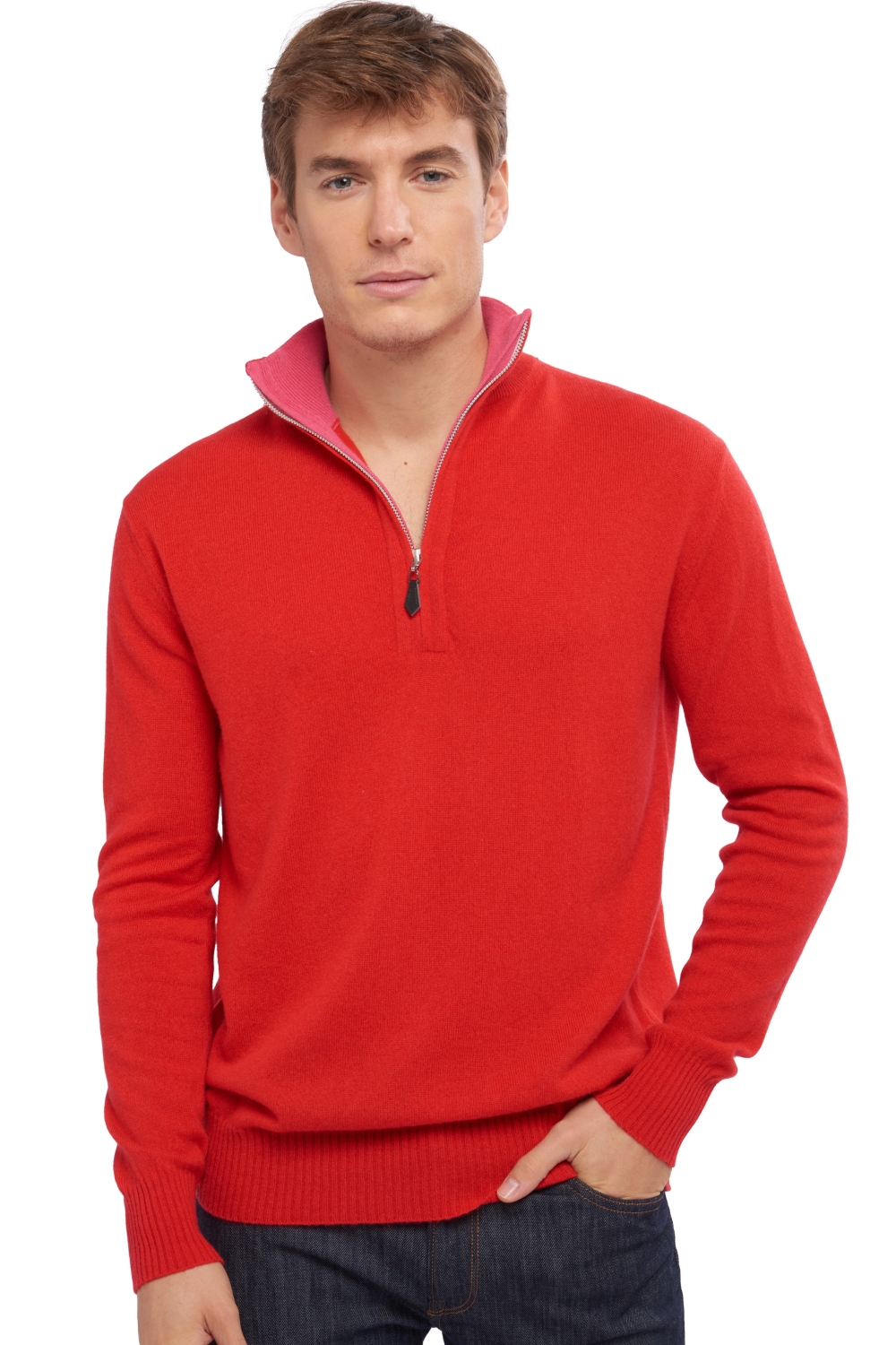 Cashmere men polo style sweaters henri rouge shocking pink 2xl