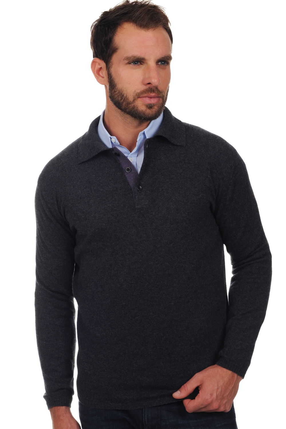 Cashmere men polo style sweaters scott charcoal marl aubergine s