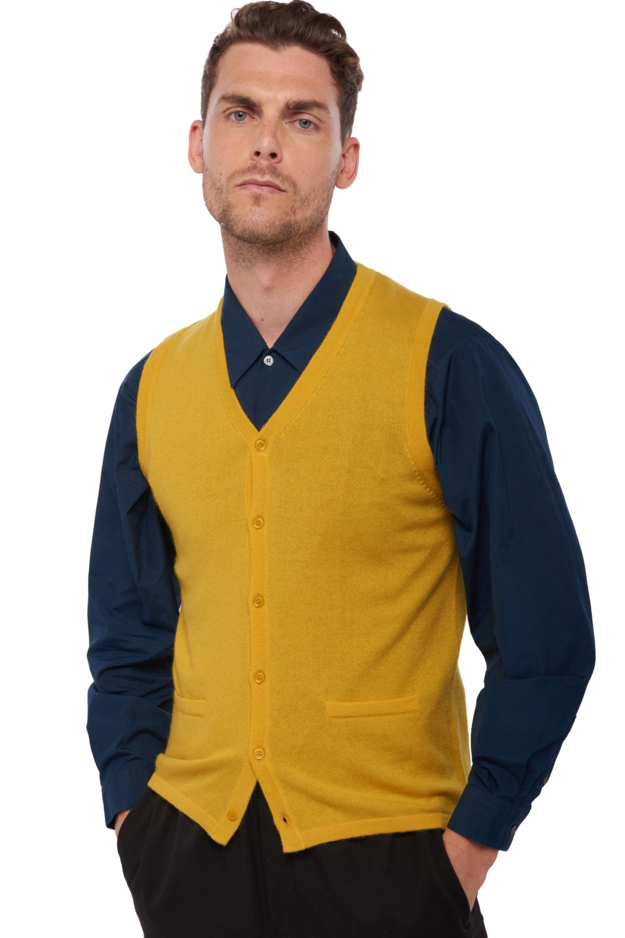 Cashmere men waistcoat sleeveless sweaters basile mustard xl