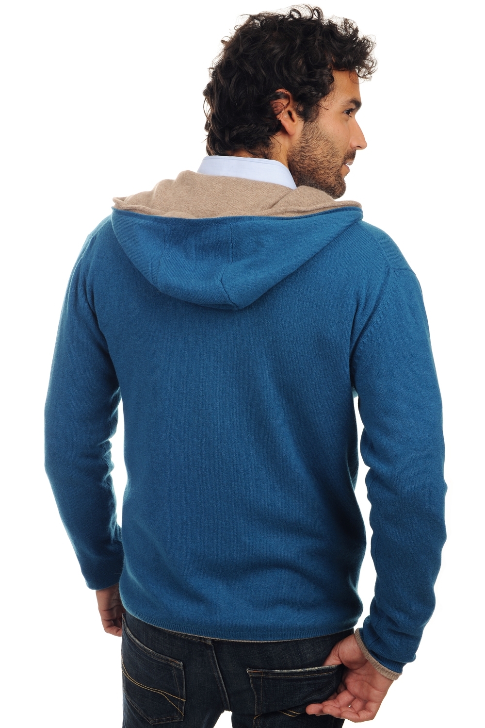 Cashmere men waistcoat sleeveless sweaters carson canard blue   natural brown m